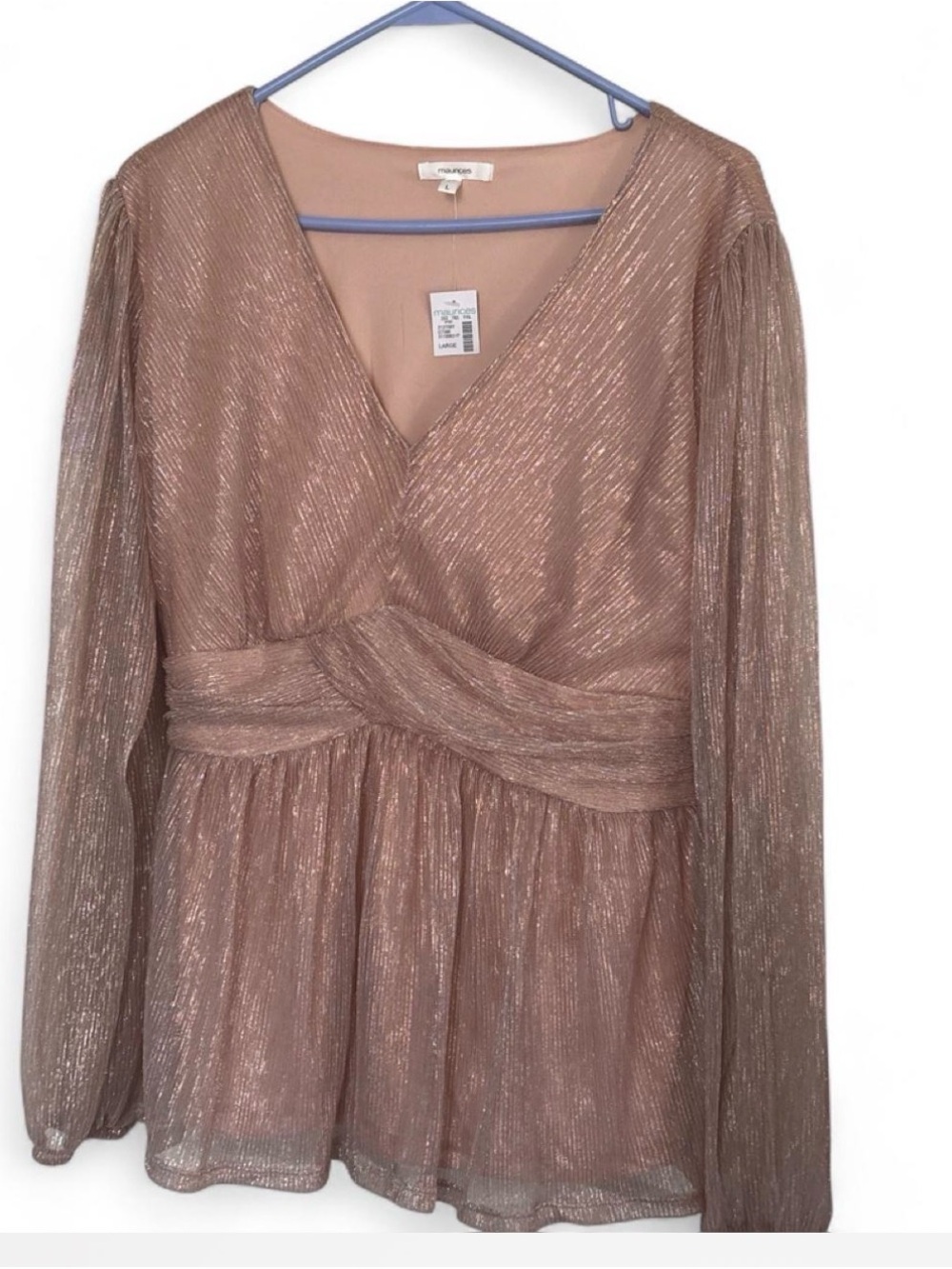 Maurices Shimmery Rose Gold Wrap Peplum Blouse size L